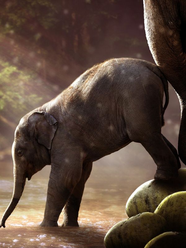 Ein Elefantenjunges findet Schutz und Liebe bei seiner Mutter an einer Wasserstelle